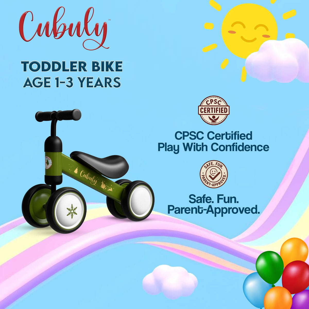 Sturdy carbon steel frame of Cubuly bike endures daily play.