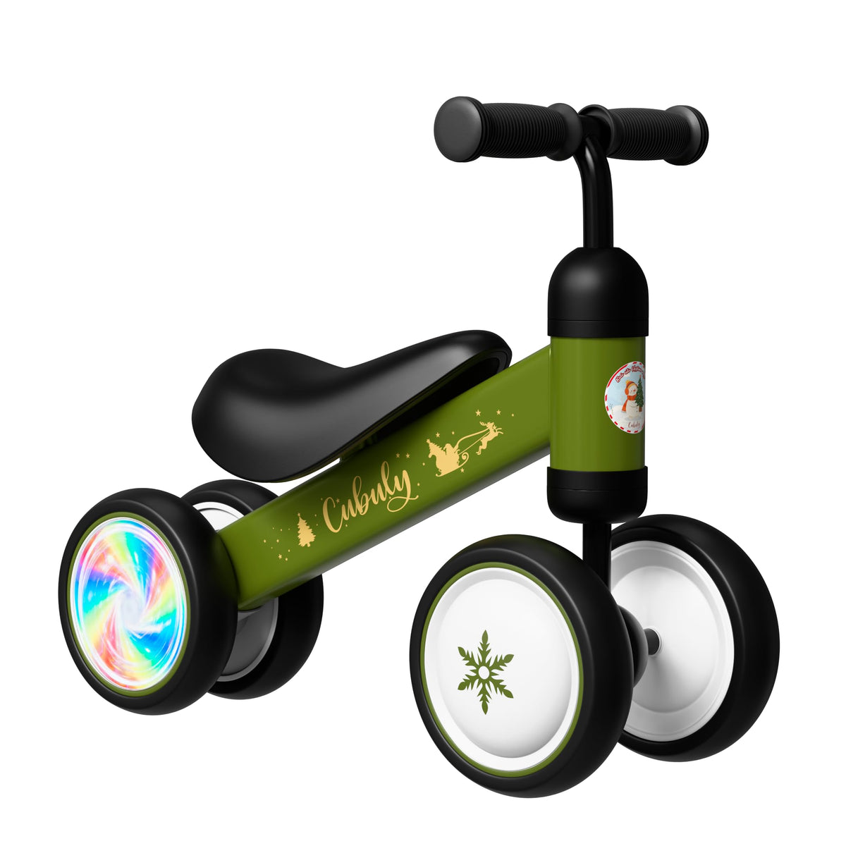 Cubuly green baby balance bike with lighting wheels enhances toddler playtime.
