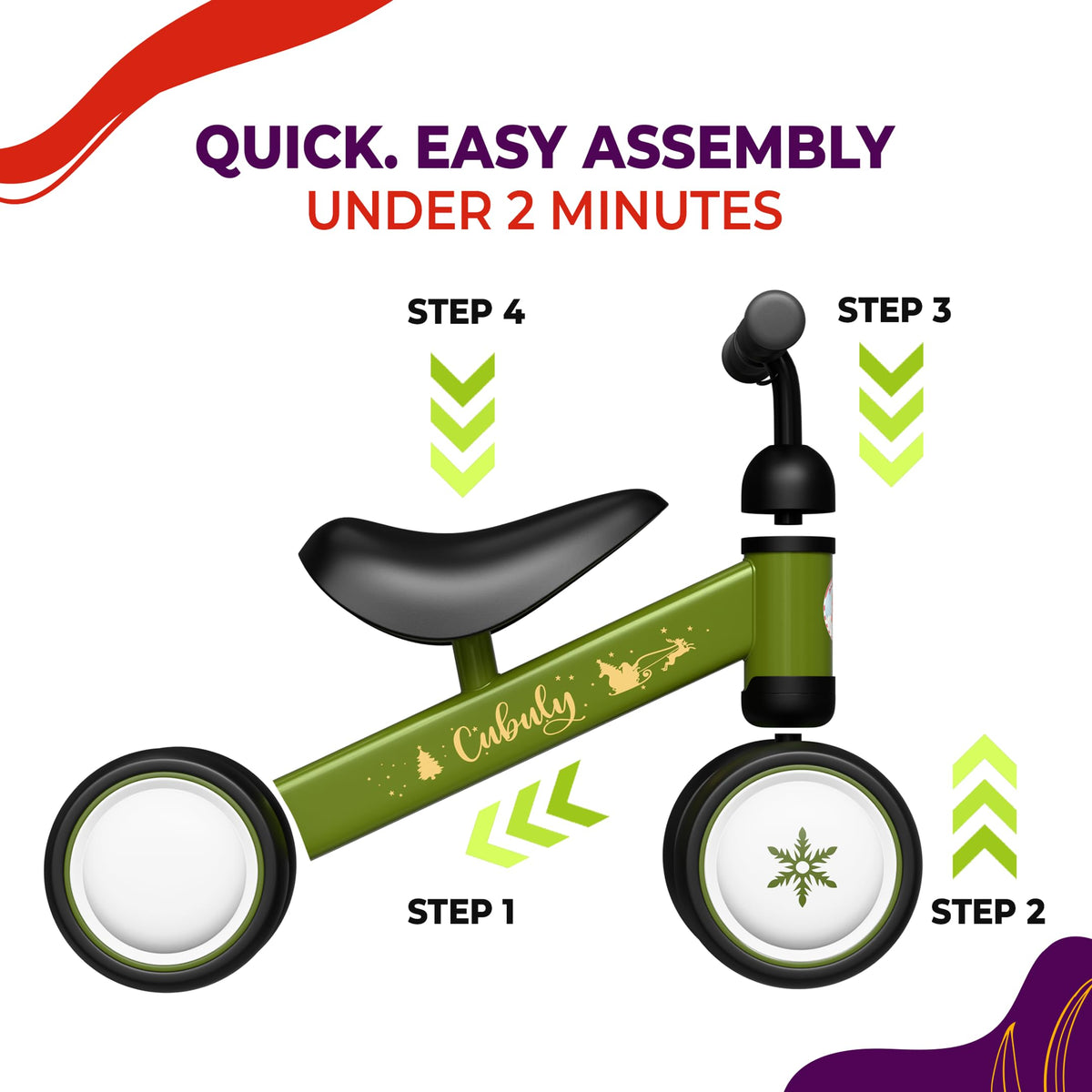 Three-minute tool-free assembly with a buckle on Cubuly bike.