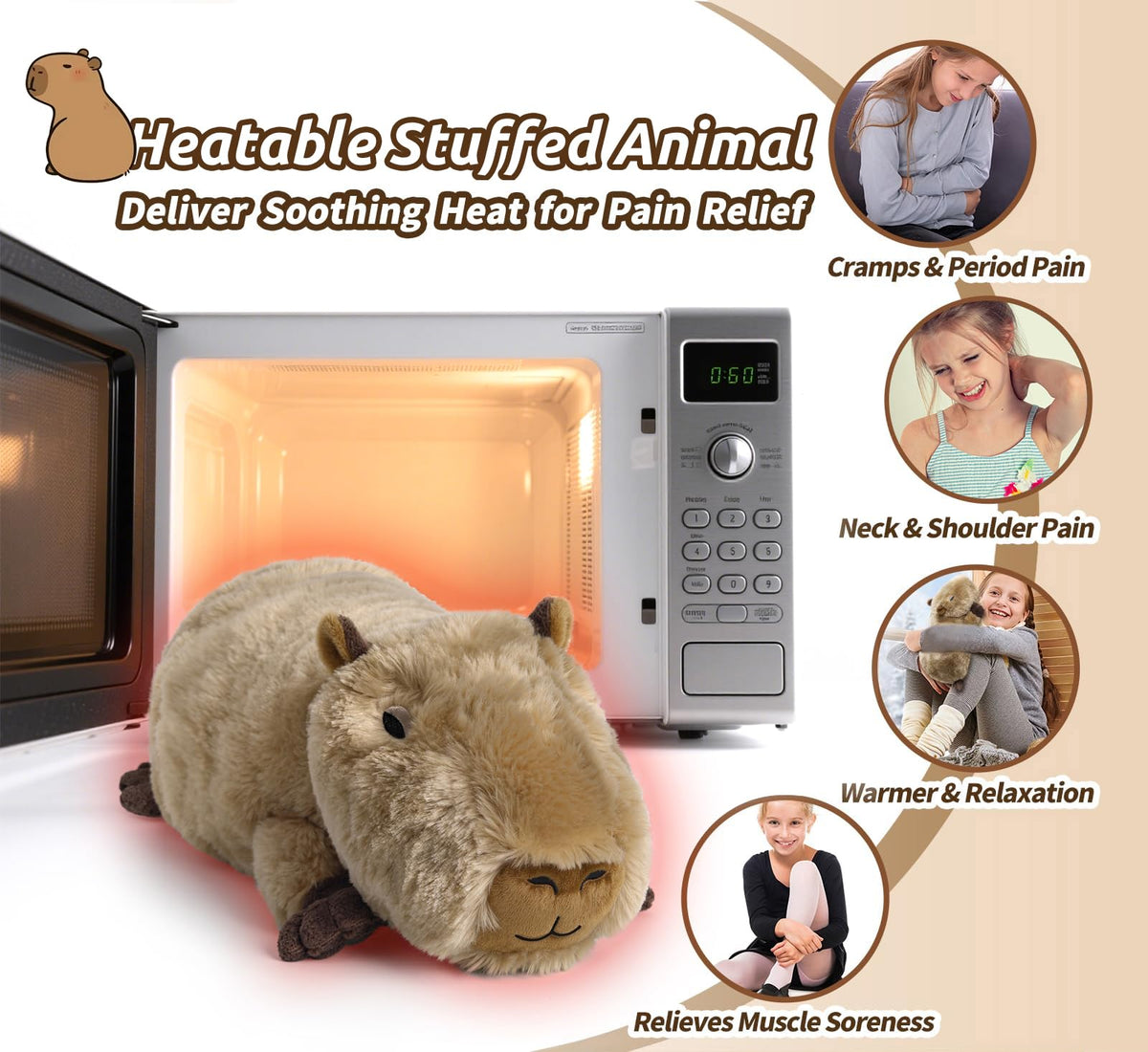 Cuckool Capybara plush microwaves in 60-90 seconds for warmth.