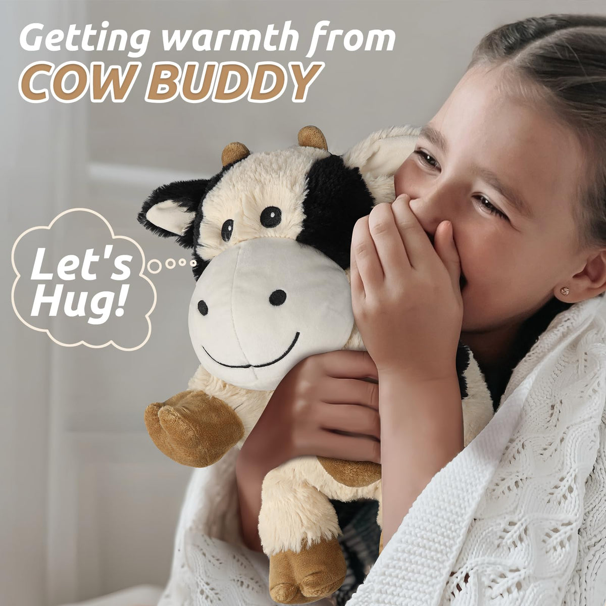 Cuckool cow plush side view showing cuddly shape for bedtime snuggles