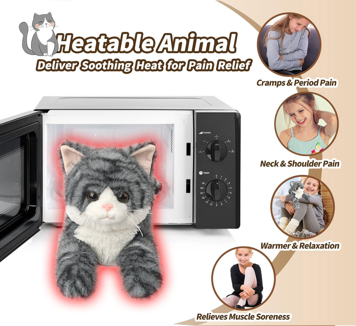 Cuckool gray tabby cat plush heats in microwave for soothing warmth.