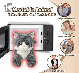 Cuckool gray tabby cat plush heats in microwave for soothing warmth.