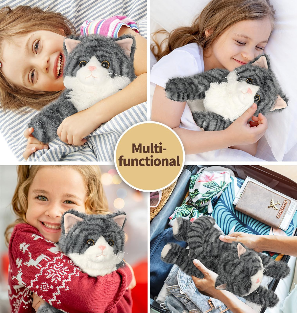 Cuckool gray tabby cat plush at 14 inch size for versatile use.