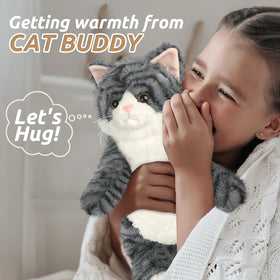 Cuckool gray tabby cat plush belly-rest pose for cozy hugs.