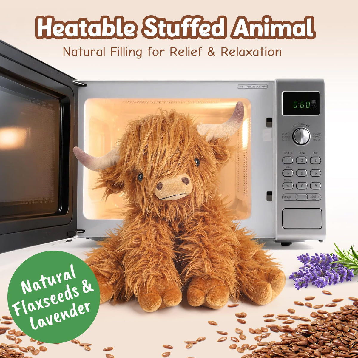 Cuckool Highland Cow flaxseed-fill close-up emphasizes long-lasting warmth