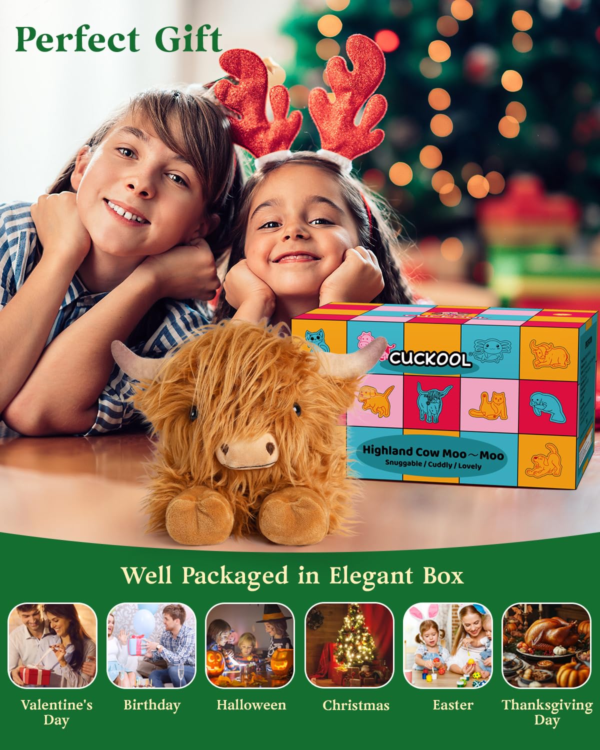 Cuckool Highland Cow plush packaging includes adoption certificate for a personal gift.