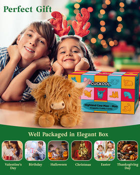 Cuckool Highland Cow plush packaging includes adoption certificate for a personal gift.