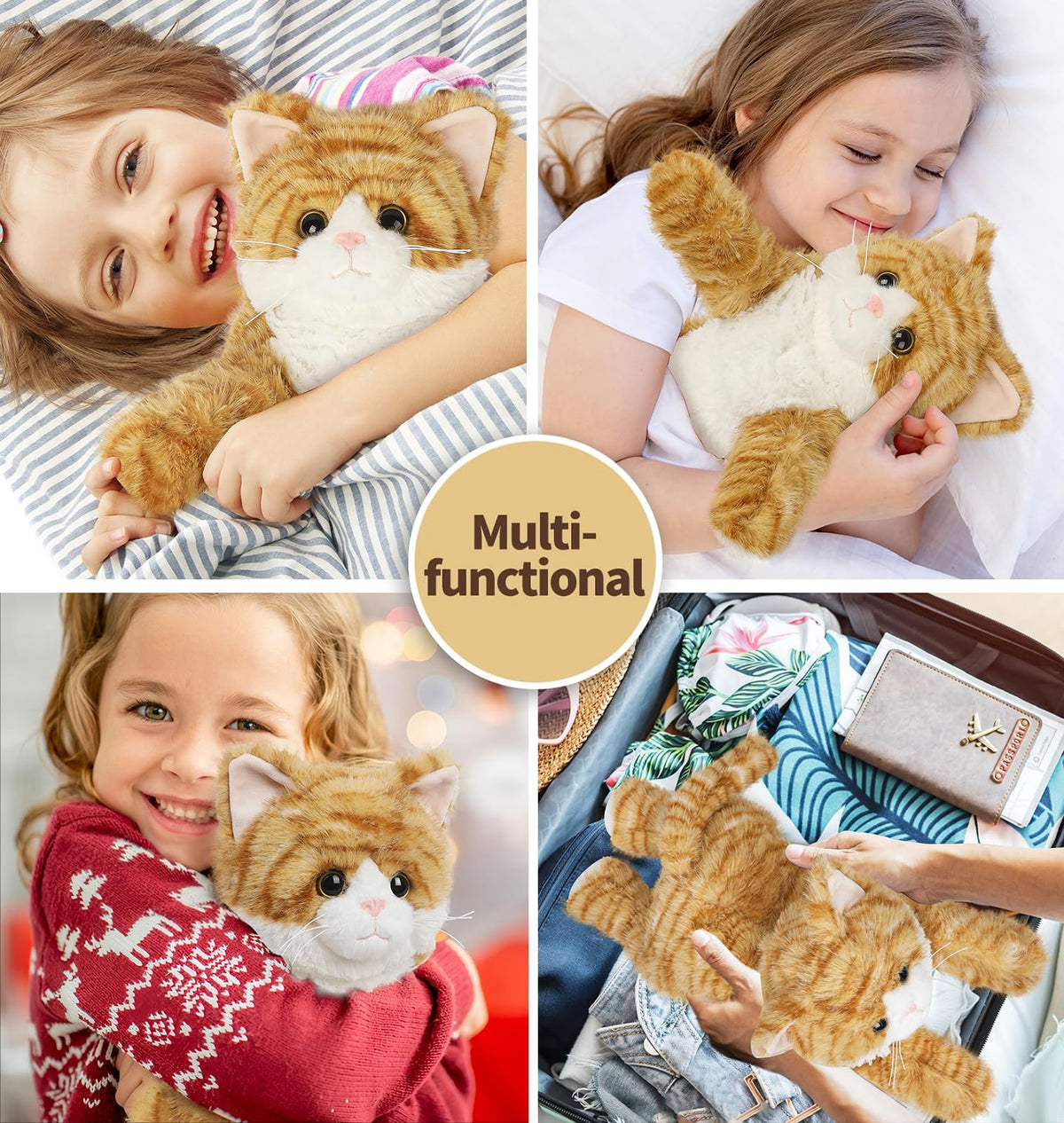 Cuckool Orange Tabby Cat stuffed animal bedtime snuggle scene, soft fabric inviting comforting hugs.