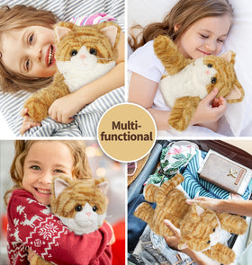 Cuckool Orange Tabby Cat stuffed animal bedtime snuggle scene, soft fabric inviting comforting hugs.