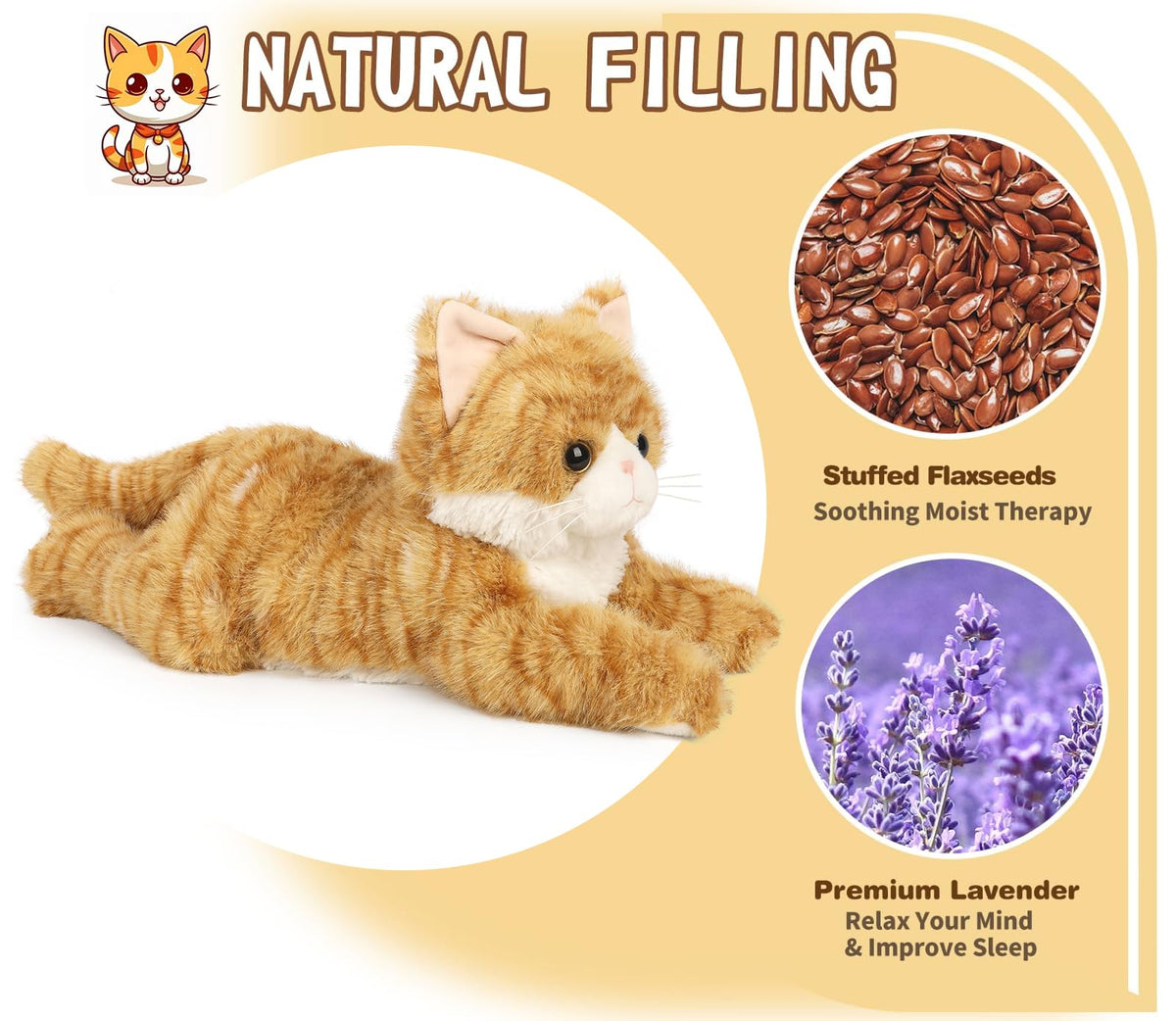 Cuckool Orange Tabby Cat stuffed animal lavender scent close-up, calming aroma for relaxation.