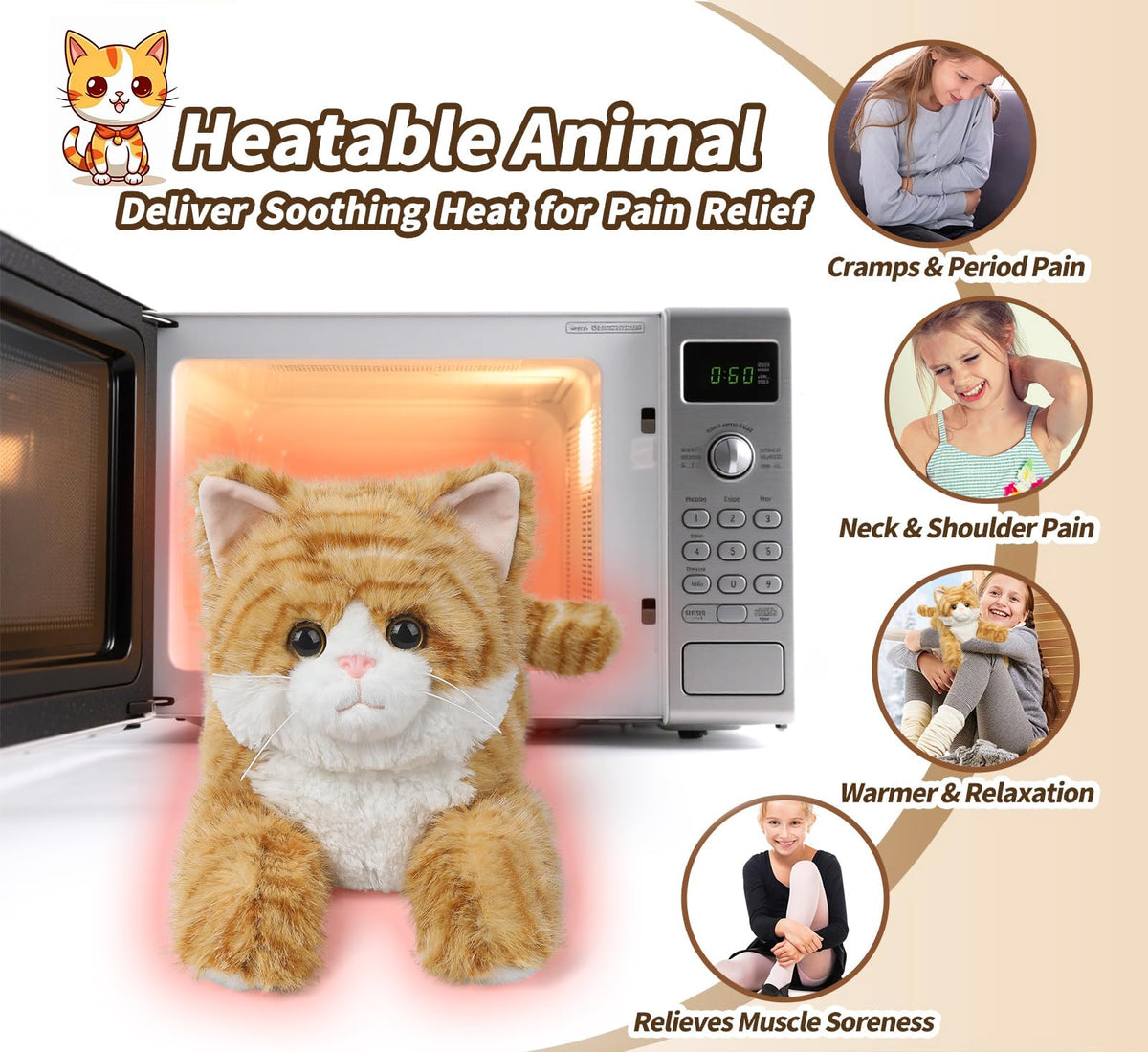 Cuckool Orange Tabby Cat stuffed animal warming in microwave, offering soothing warmth for comfort.