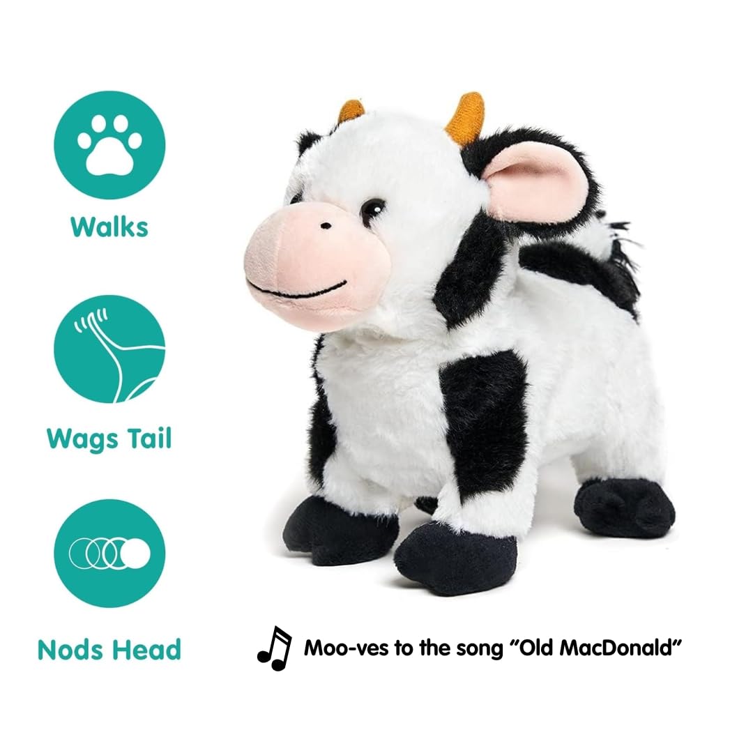 Cuddle Barn Barnyard Buddies Cow performing walking motion with tail wag.