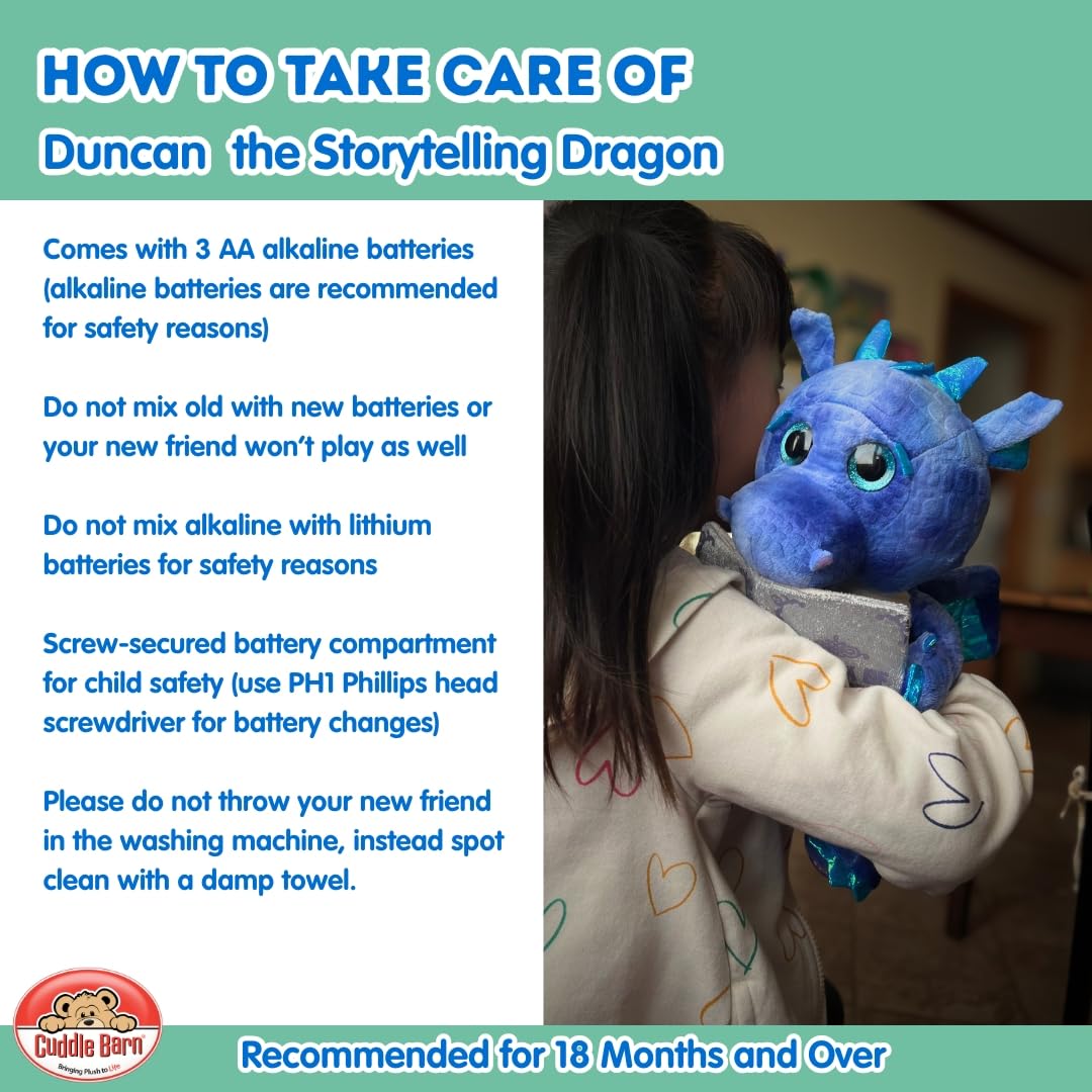 Cuddle Barn Duncan plush is soft polyester for comfy hugs.