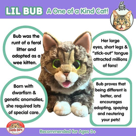 Lil Bub plush, suitable for ages 3+, safe cuddling.