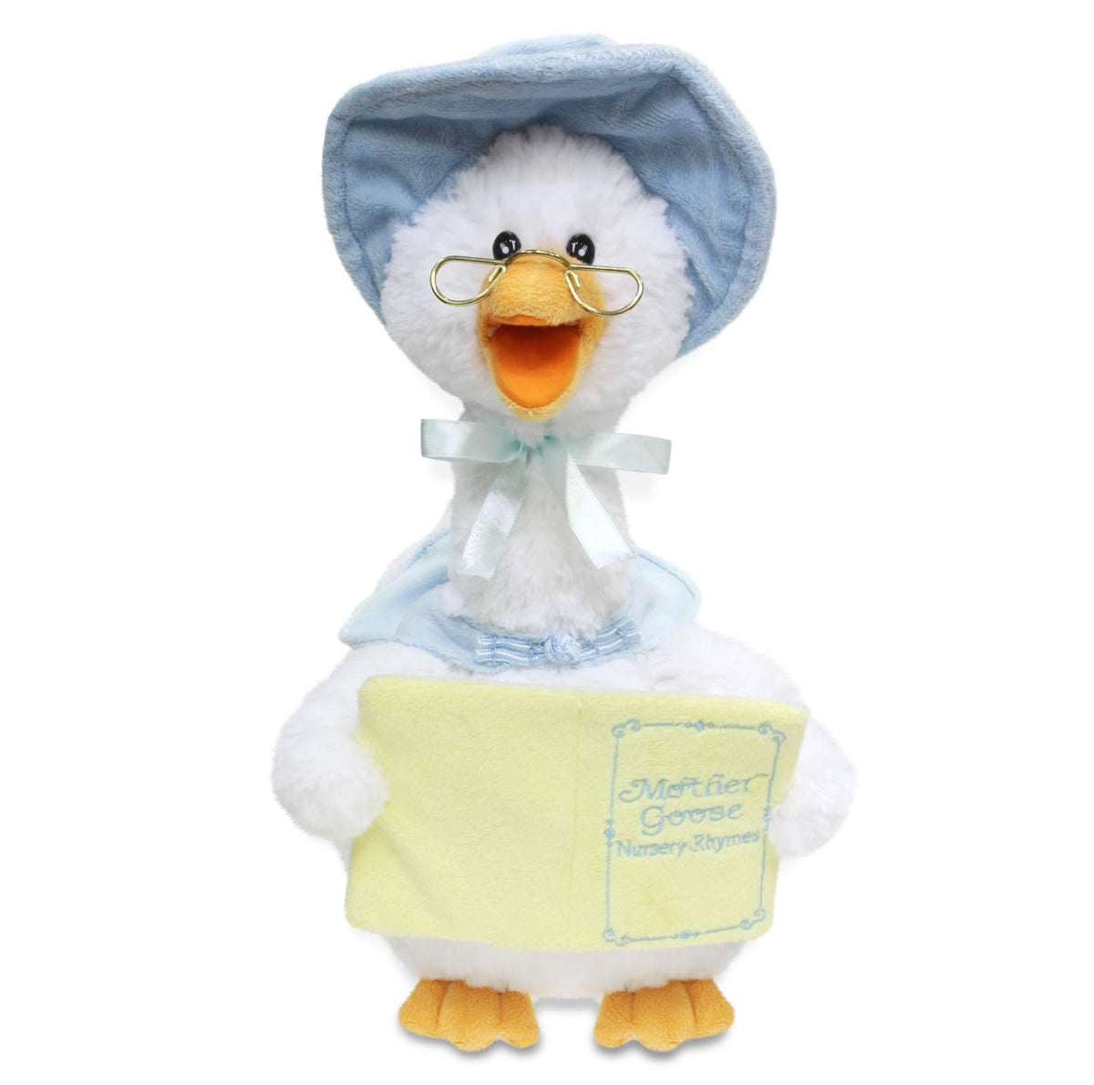 Cuddle Barn Mother Goose plush stands 14 inches with glasses, hat, and shawl for storytelling.