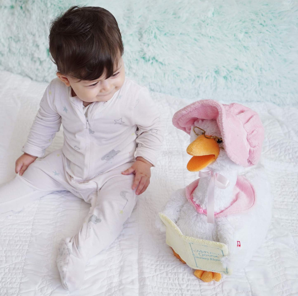 Mother Goose wearing glasses, hat, and shawl for charming storytelling.