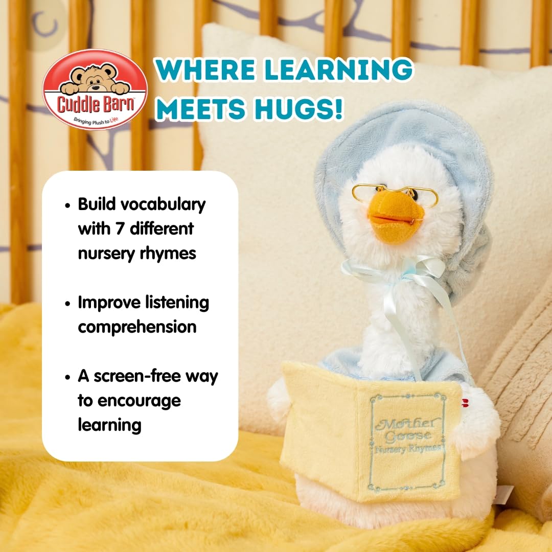 Animated head turn and beak movement synchronize with rhymes for engagement.