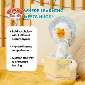 Animated head turn and beak movement synchronize with rhymes for engagement.