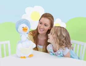 Mother Goose holds a readable book, ready for story time play.