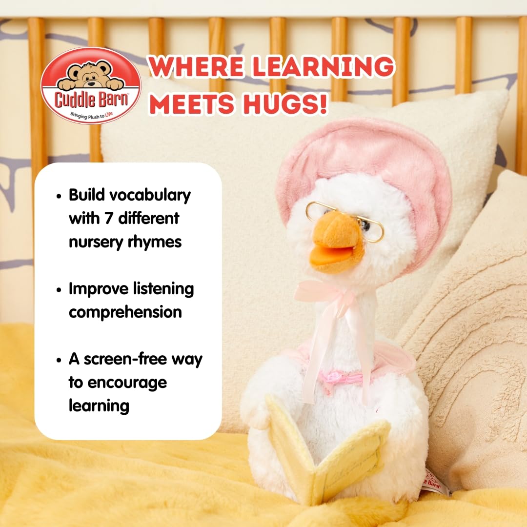 Mother Goose reading book pose encourages calm, imaginative play.