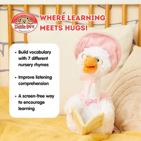 Mother Goose reading book pose encourages calm, imaginative play.