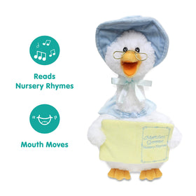 Mother Goose reads seven nursery rhymes with a book in hand for kids.