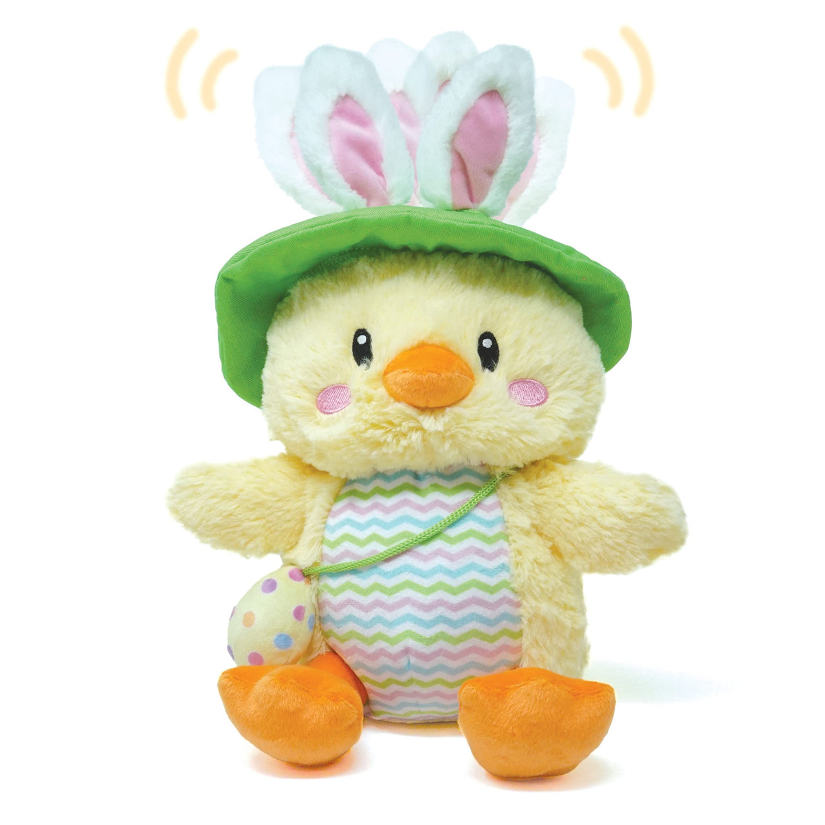 Cuddle Barn Sunny Wiggles chick in a green hat ready for Easter playtime