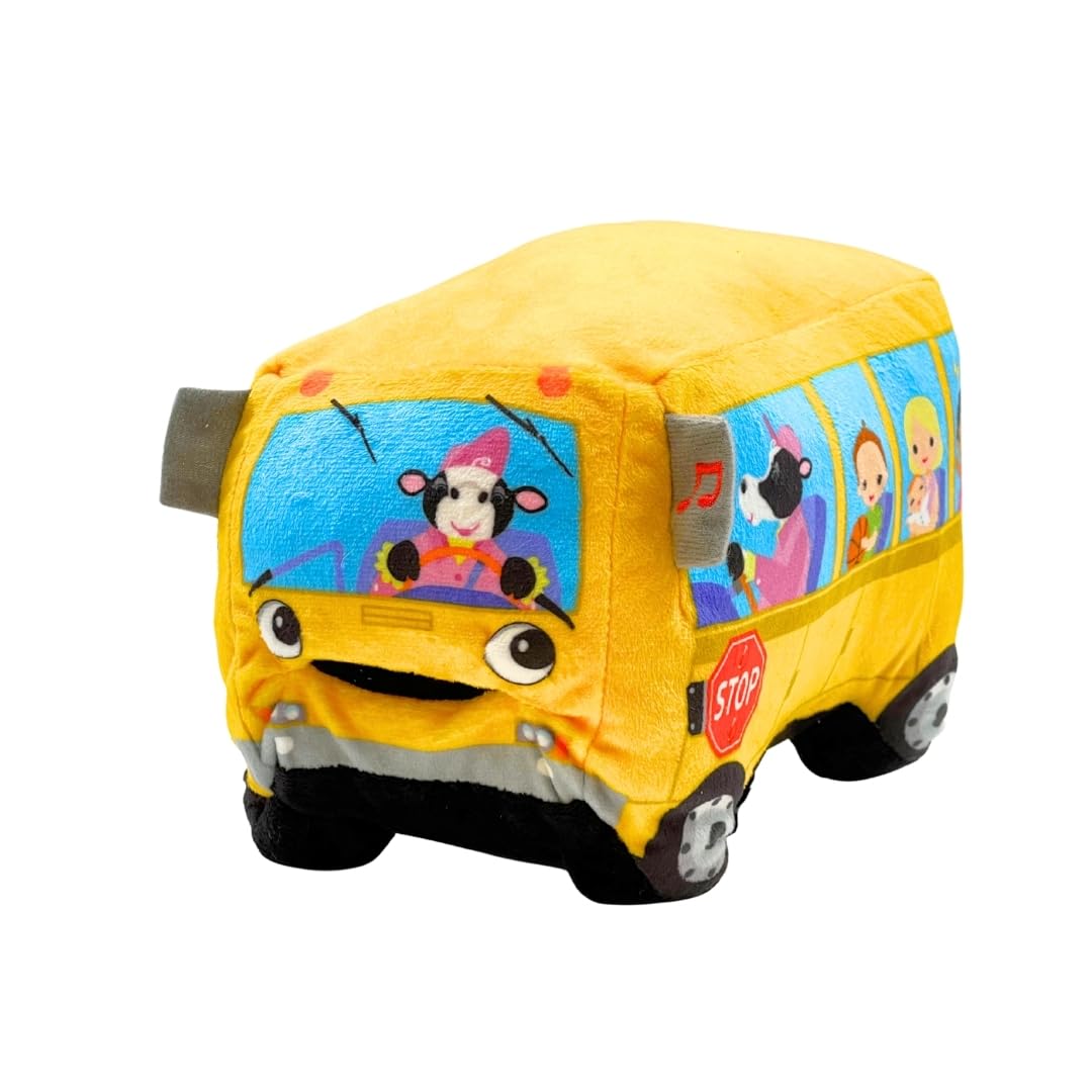 Cuddle Barn Wheelie 8-inch bus front view, lights up and sings Wheels on the Bus.