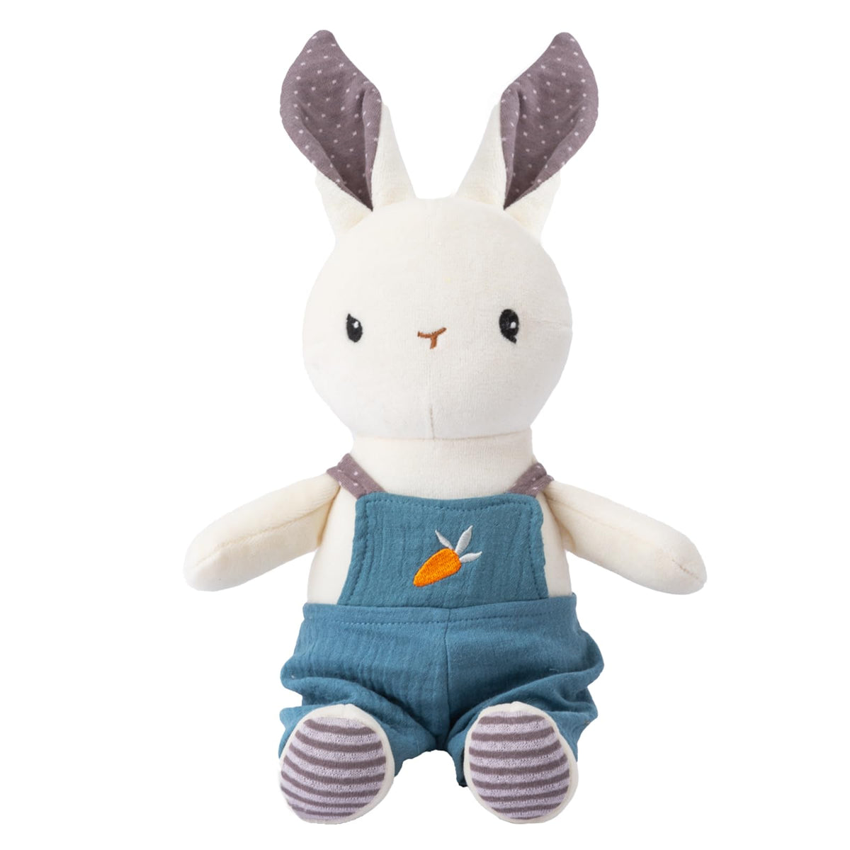 Cuddle Corner Bunny with Overalls close-up showing soft organic cotton and craftsmanship.