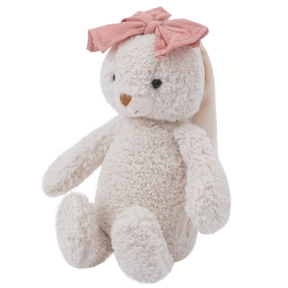 Cuddle Corner bunny with pink bow offers calming comfort for toddlers.