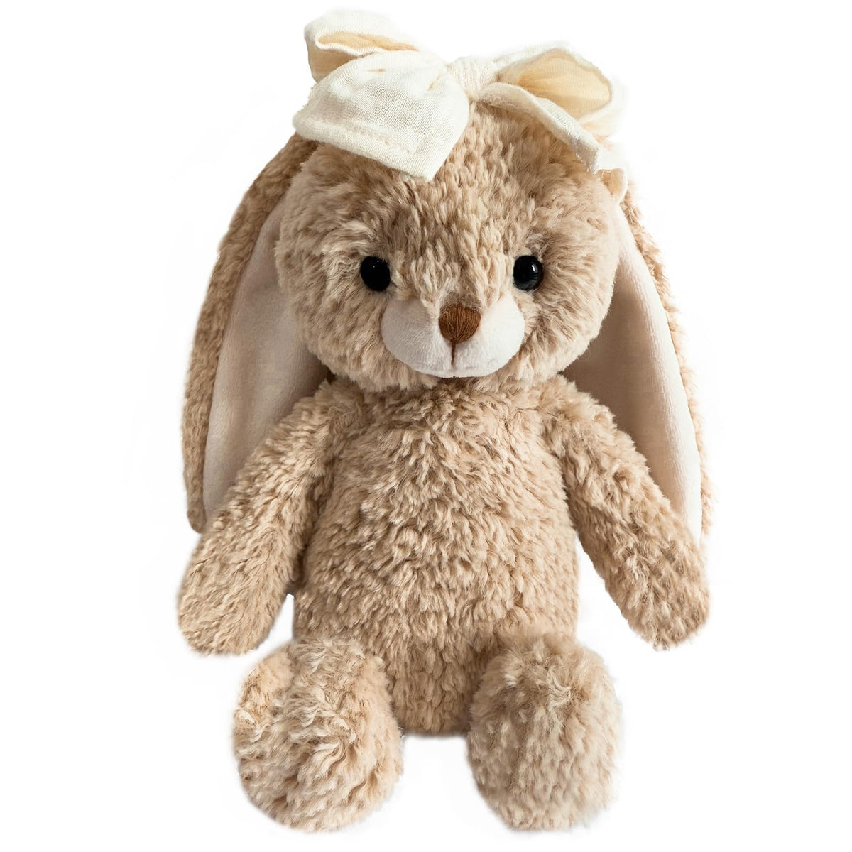 CUDDLE CORNER bunny plush with ears up, ultra-soft fur for gentle baby cuddles.