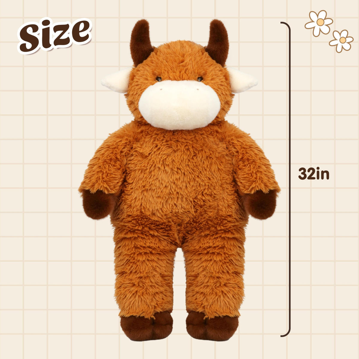 Close-up of Cudhug 32 inch Highland Cow face with embroidered expression