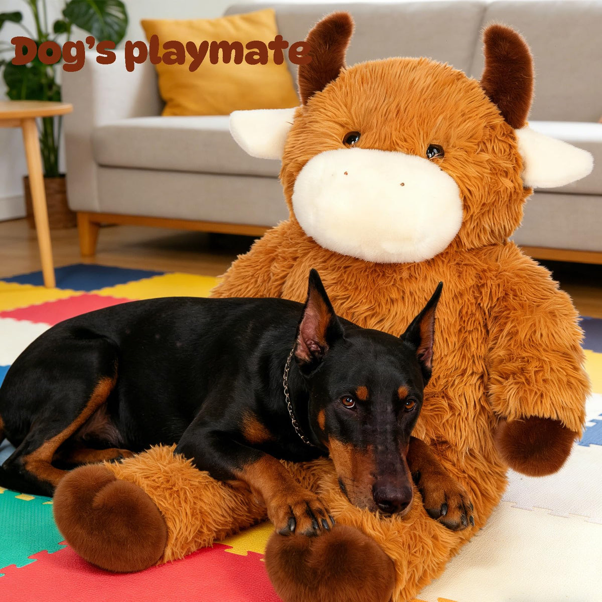 Cudhug giant Highland Cow plush used as room decor setup
