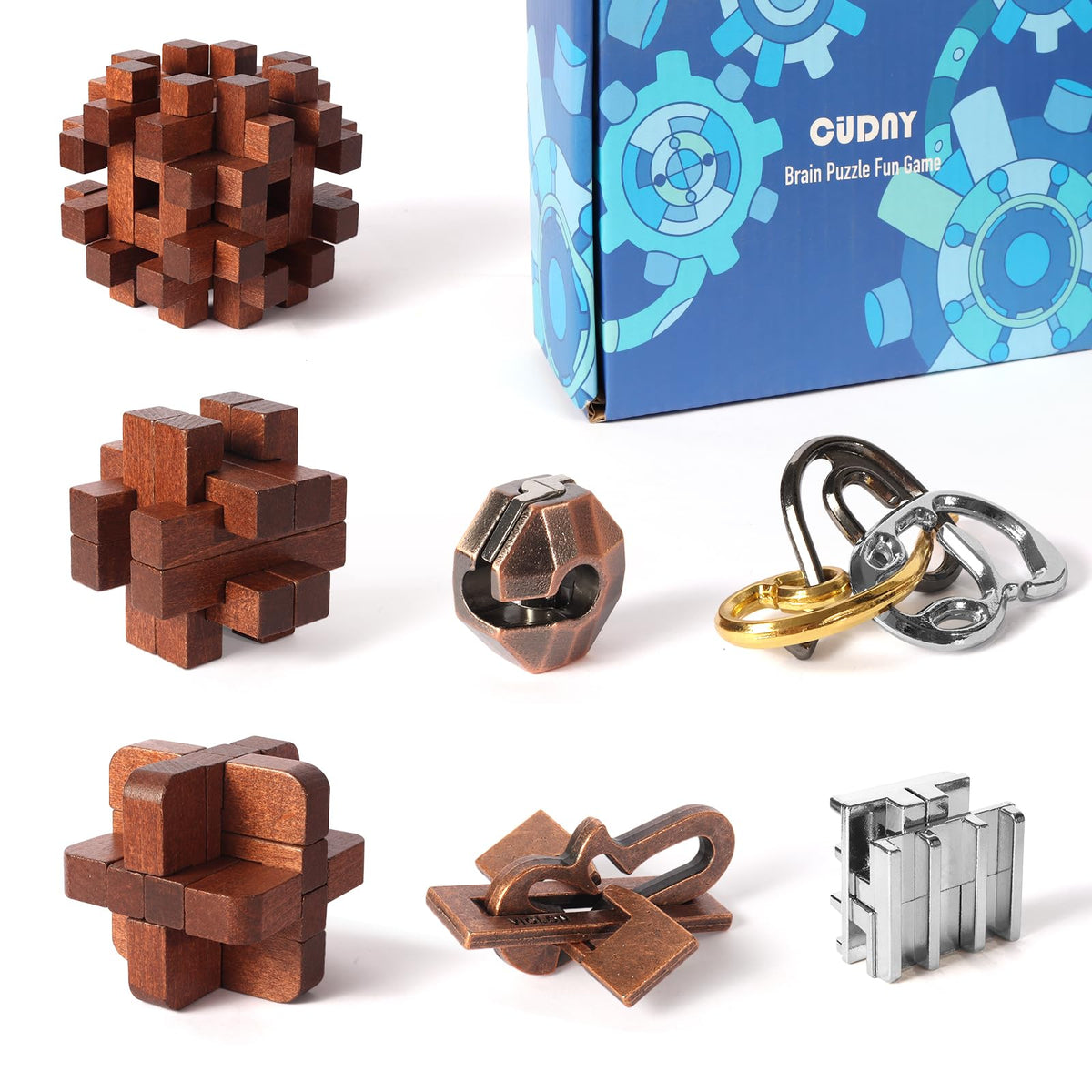 CUDNY 7-piece wooden interlock puzzle closeup for mindful play.