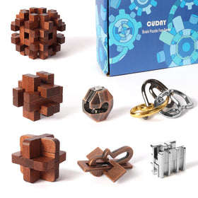 CUDNY 7-piece wooden interlock puzzle closeup for mindful play.