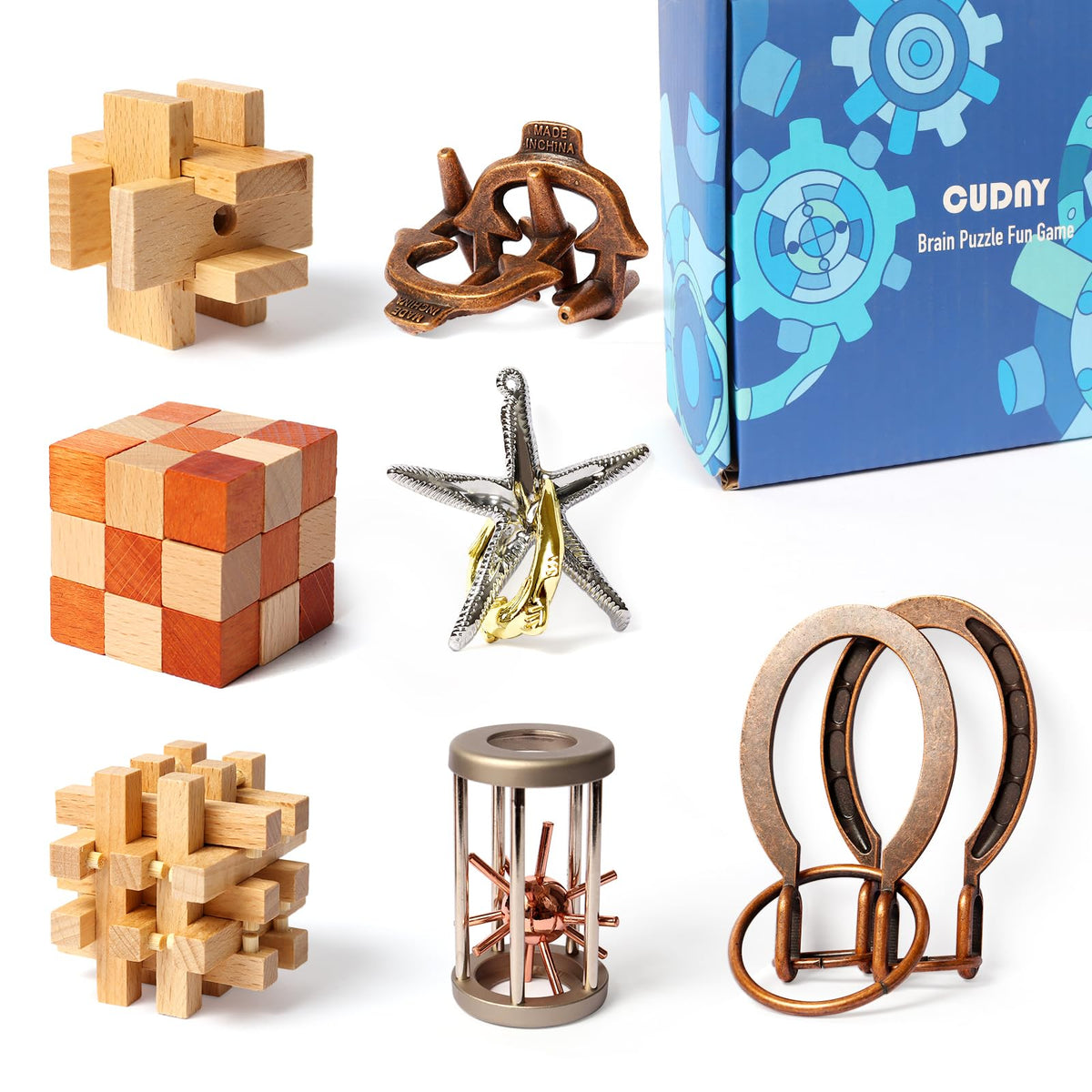CUDNY 7-piece mind puzzles: interlock challenges for all ages, engaging brain exercise.