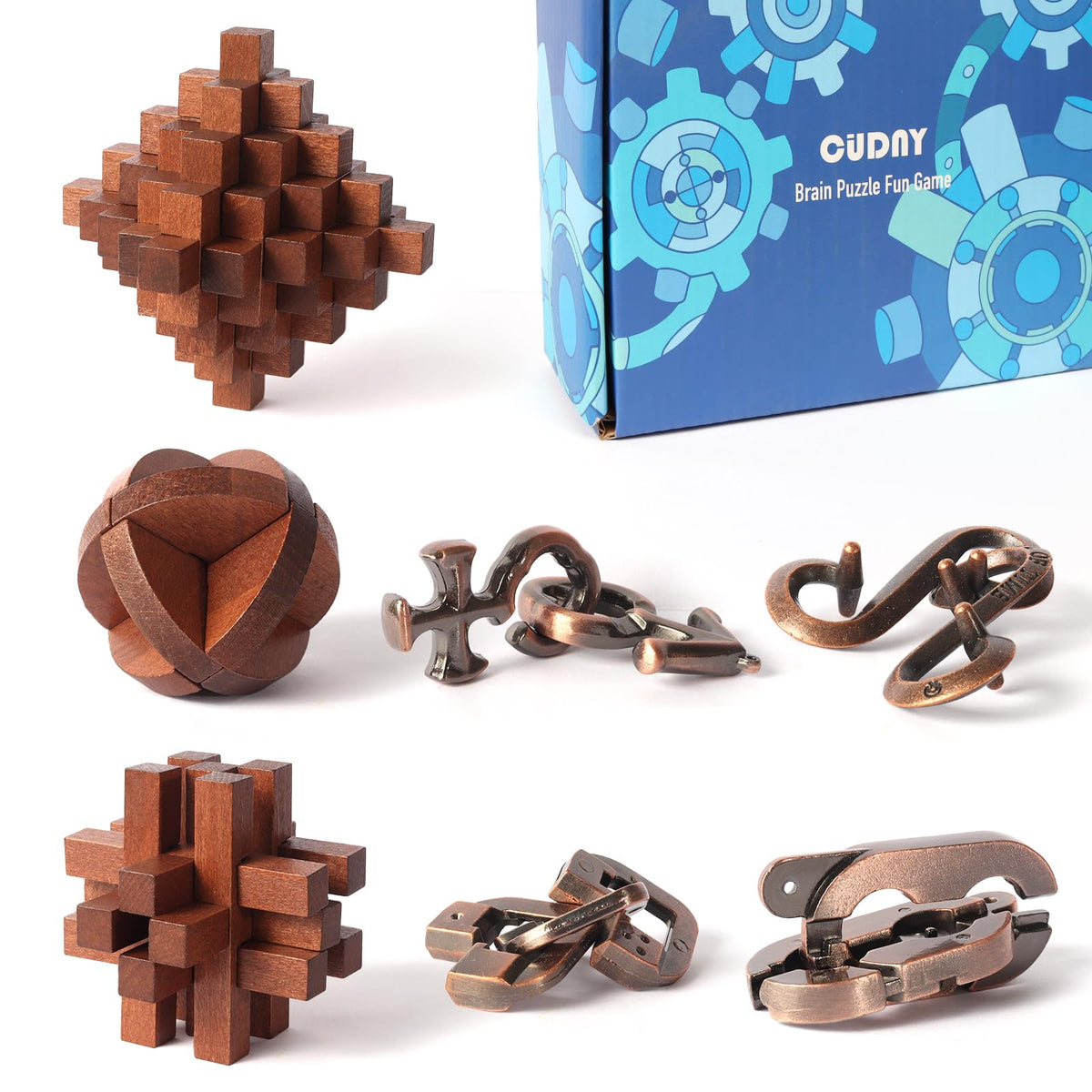 CUDNY unlock interlock puzzles: wooden and metal set for IQ challenge and family fun.