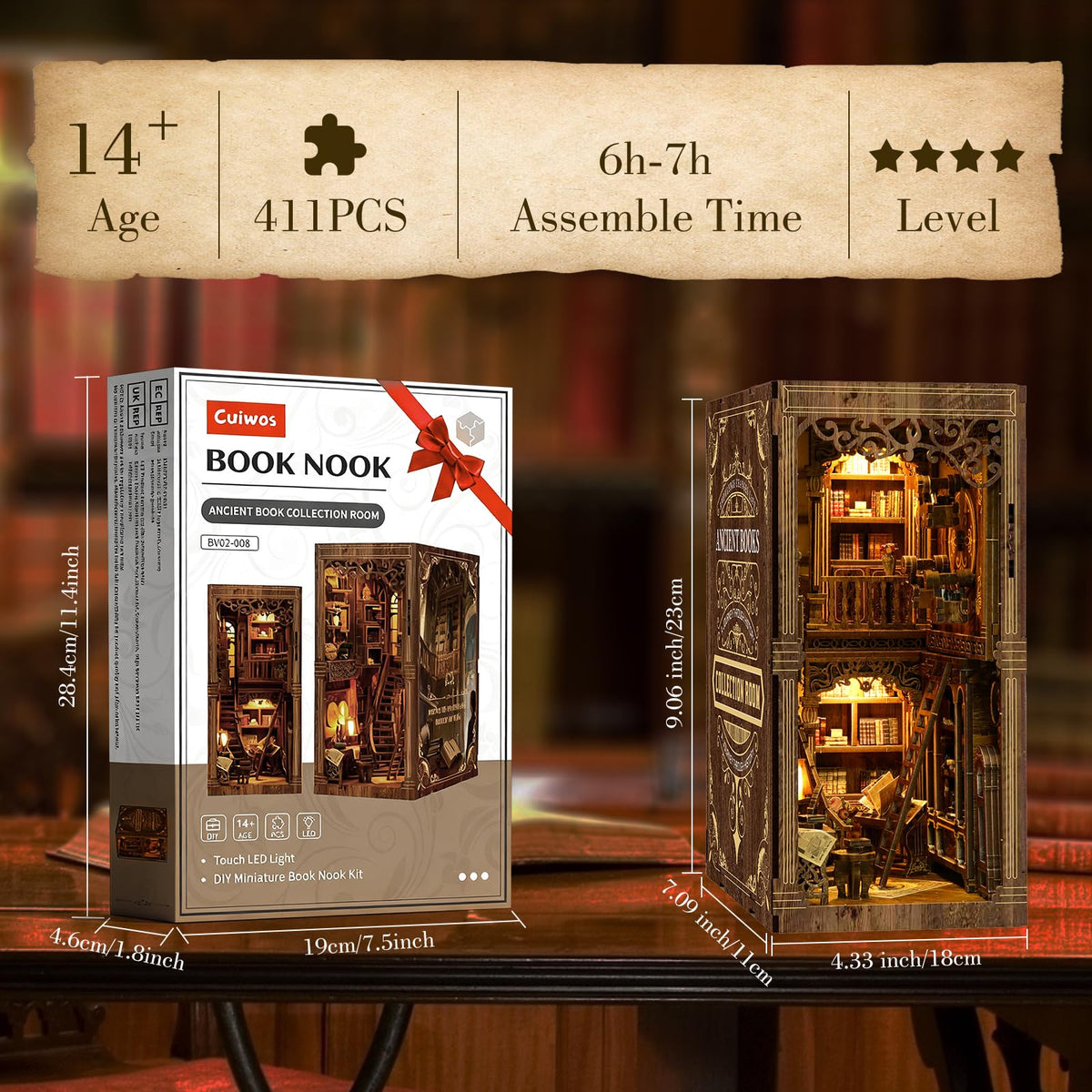 Cuiwos Book Nook Kit close-up wood detailing for an artisan bookshelf accent.