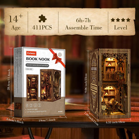 Cuiwos Book Nook Kit close-up wood detailing for an artisan bookshelf accent.