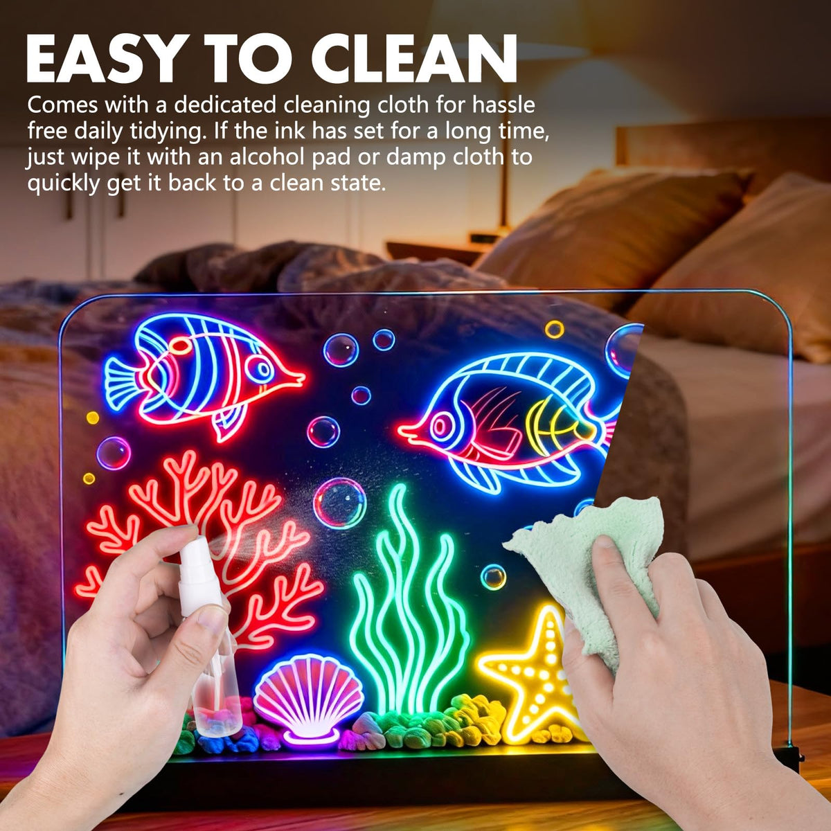 Spray bottle and cleaning cloth for quick cleanup on CUJGT Lumiboard