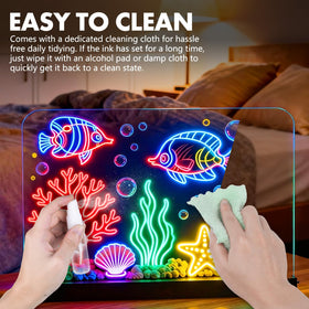 Spray bottle and cleaning cloth for quick cleanup on CUJGT Lumiboard