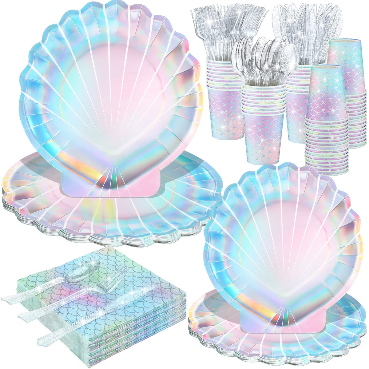 Cunhill Mermaid dinnerware plates with shell shape and holographic colors for a sparkling under-the-sea party.