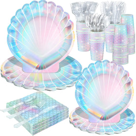 Cunhill Mermaid dinnerware plates with shell shape and holographic colors for a sparkling under-the-sea party.