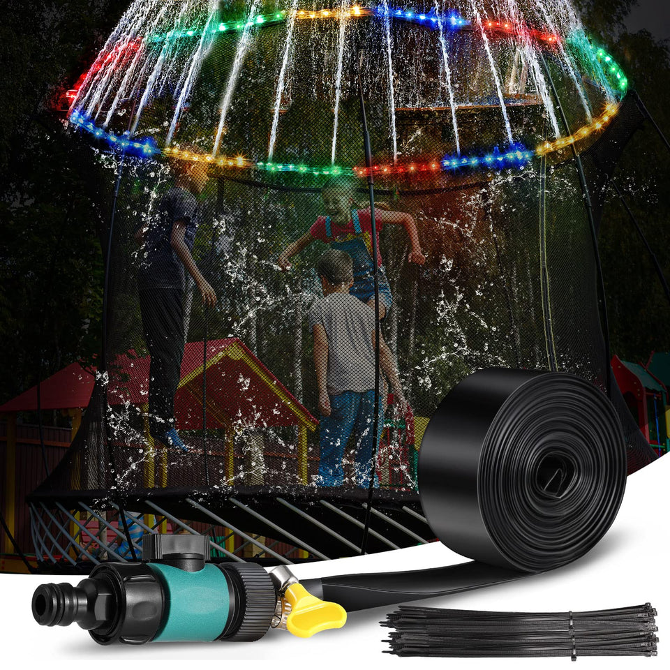 Cunhill trampoline sprinkler with 39ft LED lights cools play surfaces while lighting edges.