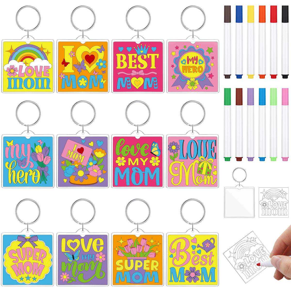 Cunno Mother's Day keychain kit contents with 36 blanks and 12 markers for easy DIY coloring.