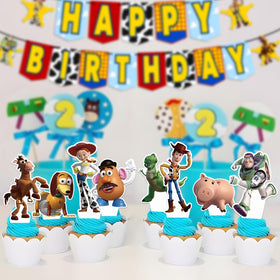 Cupcakes with Toy Inspired Story Cupcake Toppers display colorful designs
