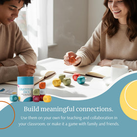 Curiosity Driven Gratitude Dice Set color-coded dice displaying prompts for mindfulness practice.