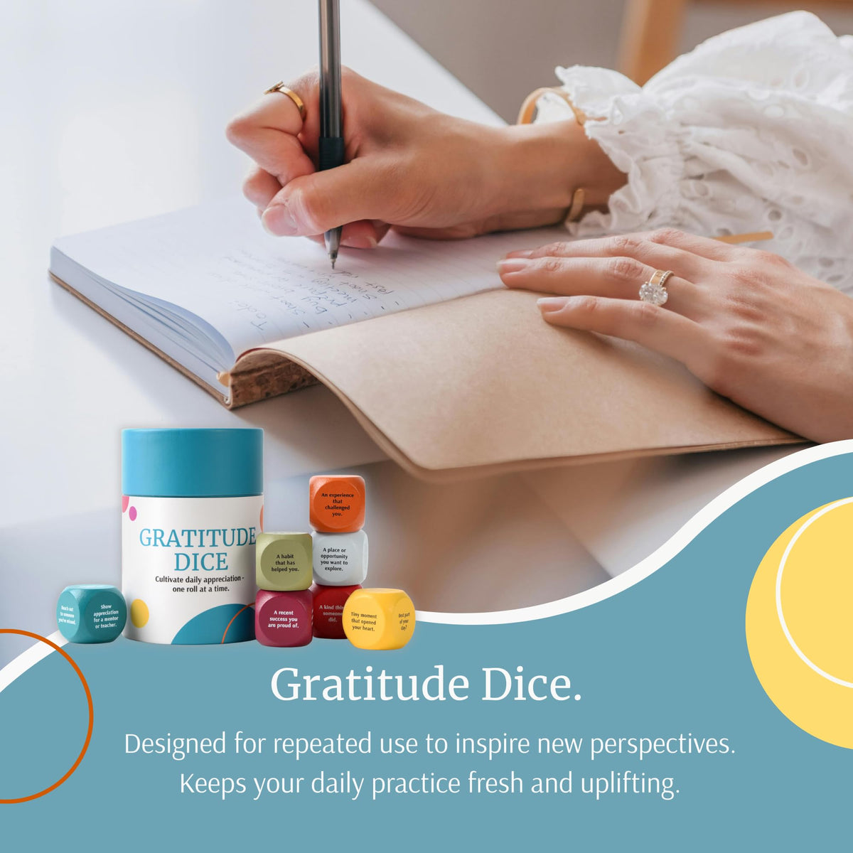 Curiosity Driven Gratitude Dice Set cylindrical packaging highlights premium gift-ready design.
