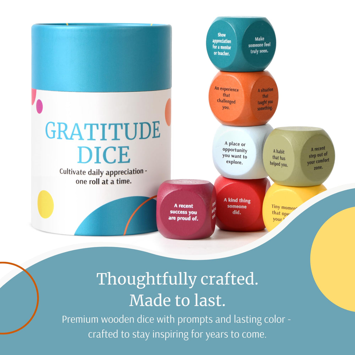 Curiosity Driven Gratitude Dice Set journal beside prompts for reflection.